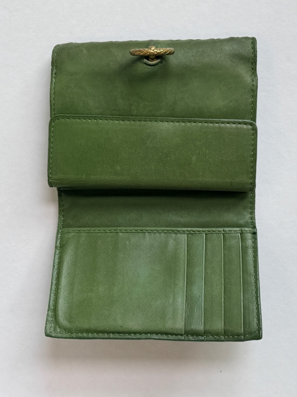 BOTTEGA VENETA olive green Intrecciato weave gold ring compact wallet - Picture 2 of 8